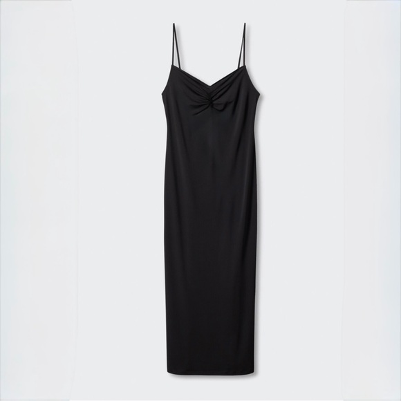 Zara Dresses & Skirts - ZARA Black Slip Midi Dress Ruched Bust Adjustable Straps Minimalist Size L